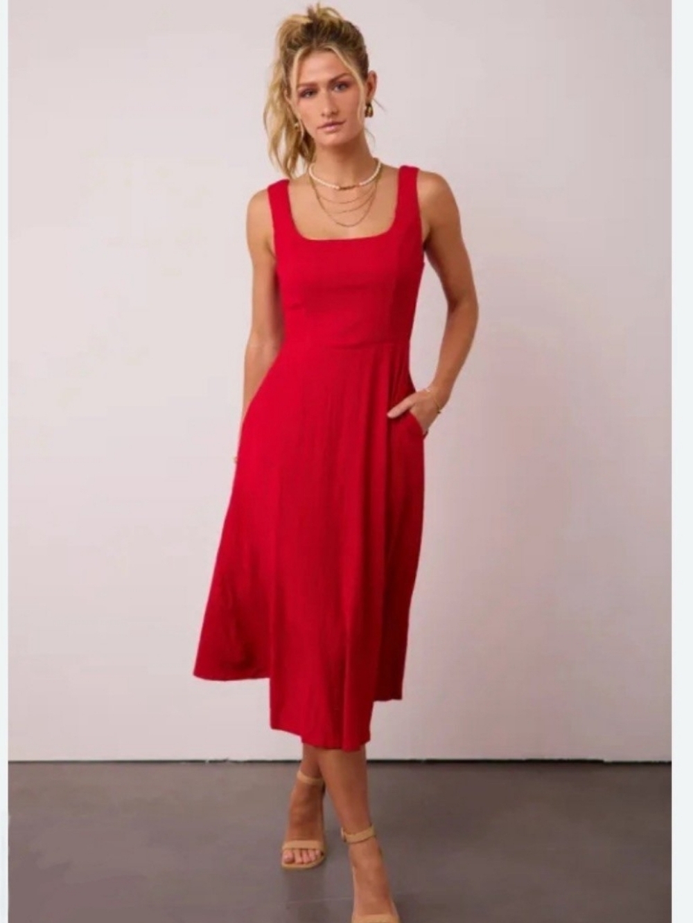 bohme Red Square-Neck Midi Dress